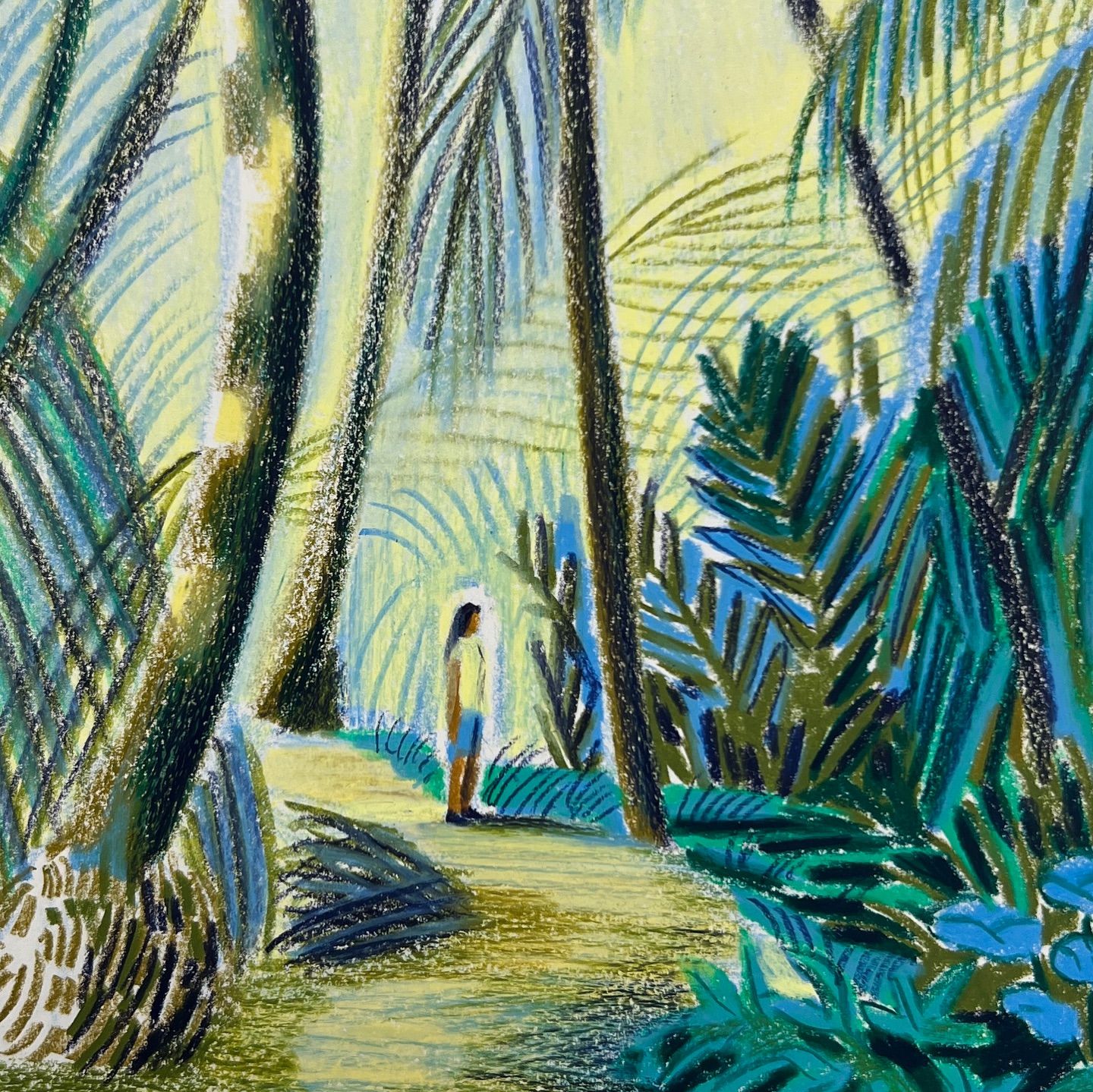 Pastel drawing of person on path through lush jungle, sunlit clearing. Tree trunks frame view. Vivid greens, blues, yellows create peaceful scene.