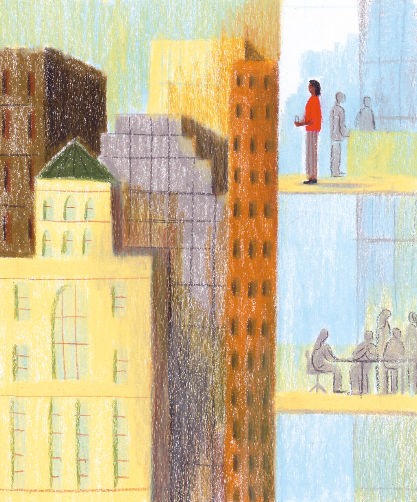 Illustration of modern urban architecture with abstracted high-rise buildings, people in meetings, and pastel color palette.