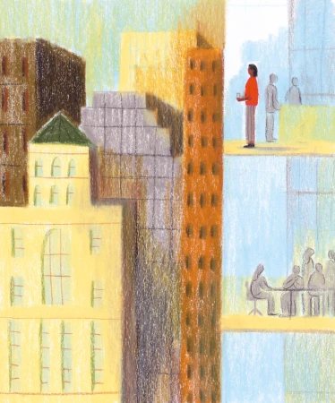 Illustration of modern urban architecture with abstracted high-rise buildings, people in meetings, and pastel color palette.