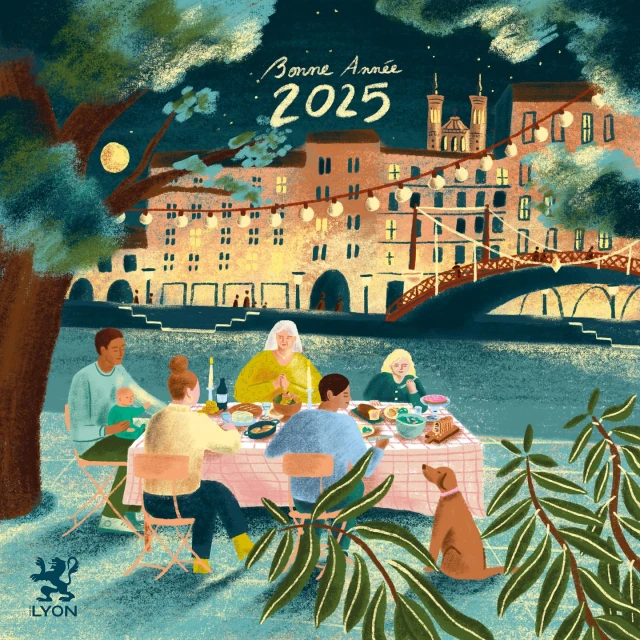 Illustration of a family dinner by a river under a string of lights in Lyon, France, celebrating 'Bonne Année 2025' in a festive setting.