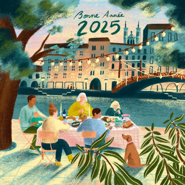 Illustration of a diverse group enjoying an outdoor meal by a river with European architecture, string lights, and a dog under a tree. 'Bonne Année 2025'.