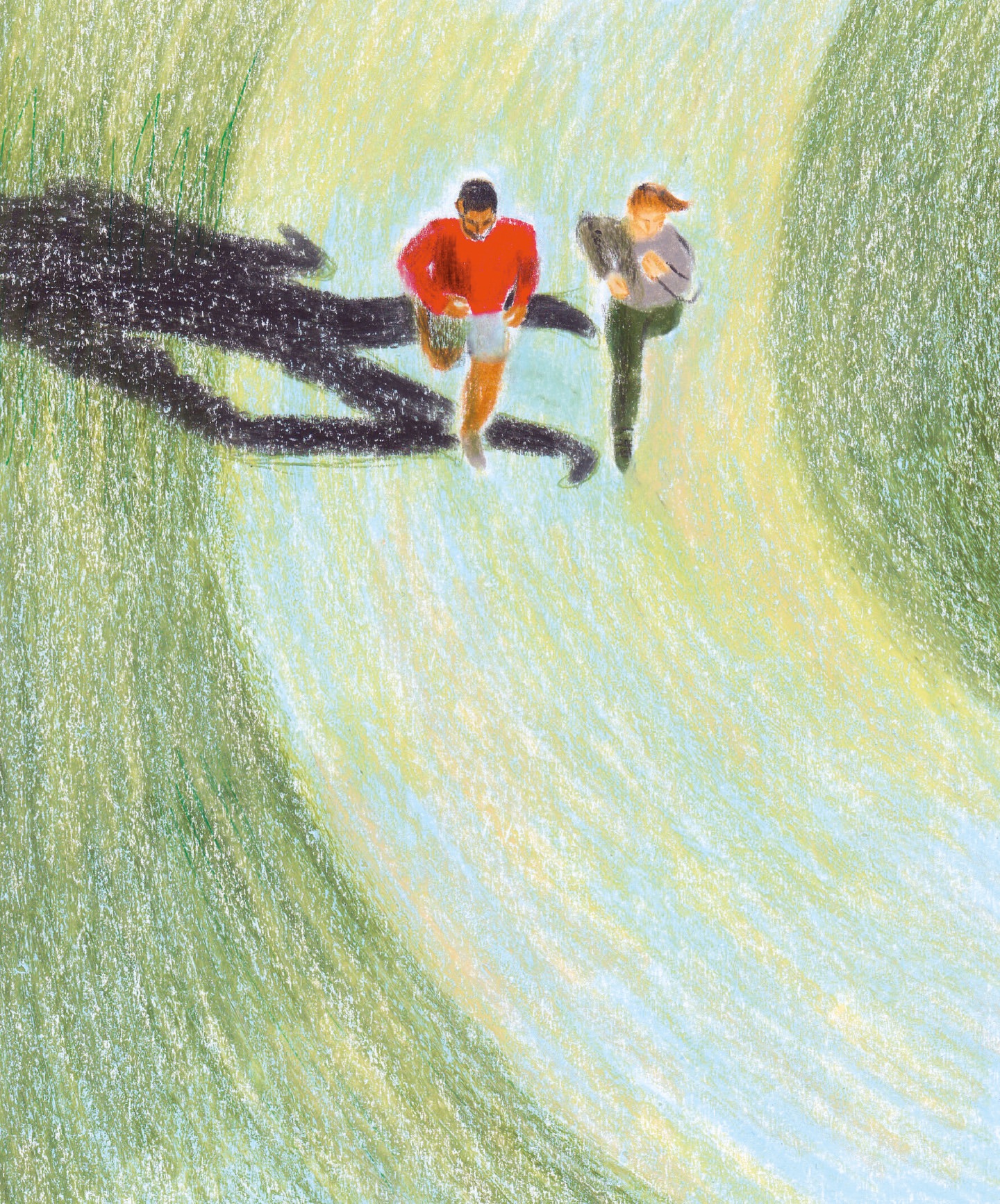 Illustration of two people running along a winding path through a green landscape, captured from a high-angle perspective.