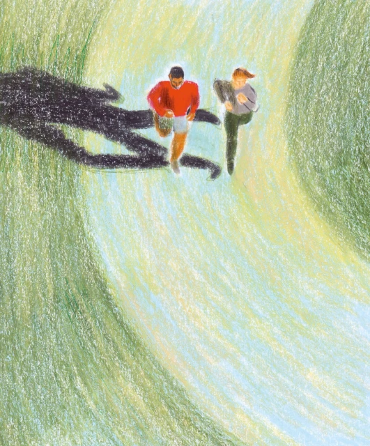 Illustration of two people running along a winding path through a green landscape, captured from a high-angle perspective.