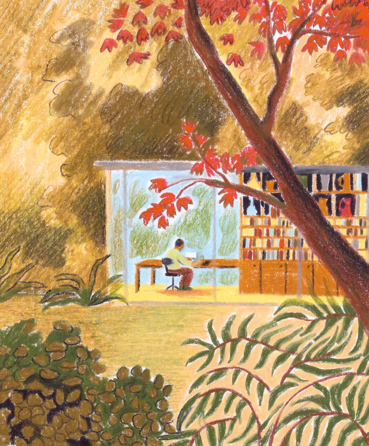 Illustration of a person sitting at a desk inside a glass-walled office, surrounded by trees with red leaves, creating a tranquil workspace.