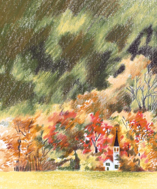 Pastel drawing of a white church with a steeple among fall foliage, set against a background of forested hills in an idyllic rural scene.