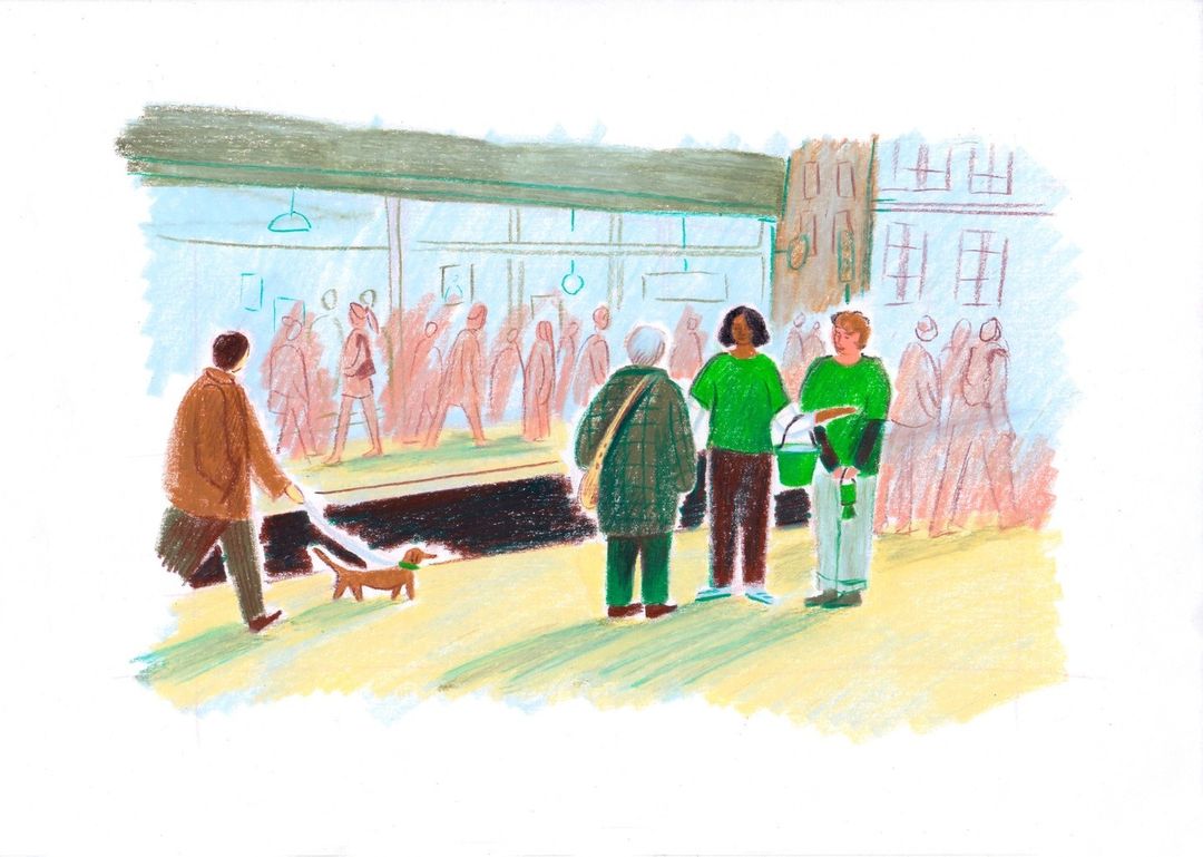 Illustration of a street scene with people walking and standing near a building, including a man with a dog, rendered in soft colors.
