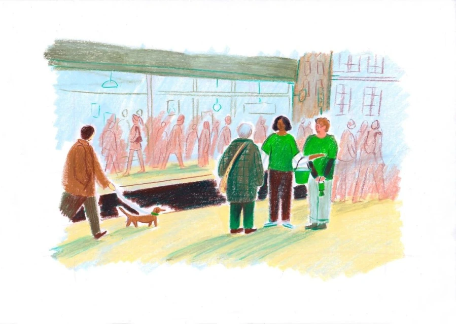 Illustration of a street scene with people walking and standing near a building, including a man with a dog, rendered in soft colors.