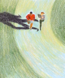Illustration by Beya Rebaï showing two people running along a winding path flanked by textured green fields.