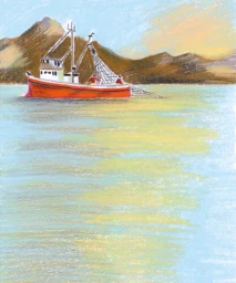 An illustration of a bright red fishing boat on calm blue water with distant brown hills under a pale sky.