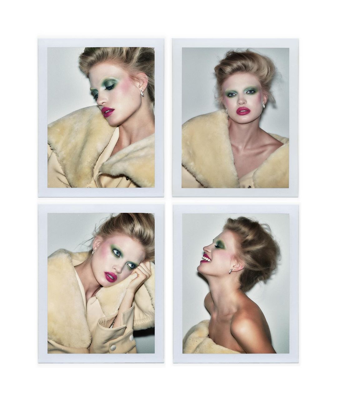 Four close-up photos of a model with green eye shadow, pink lipstick, and a tan jacket in a white frame on a white background.