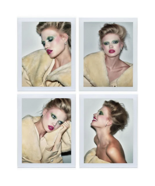 Four close-up photos of a model with green eye shadow, pink lipstick, and a tan jacket in a white frame on a white background.