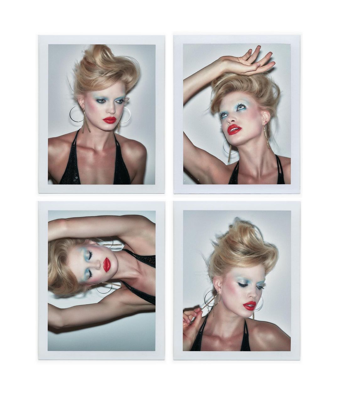 Four framed polaroid-style portraits of a fair-skinned adult female model with blonde hair and heavy blue and red 1980s-inspired makeup.