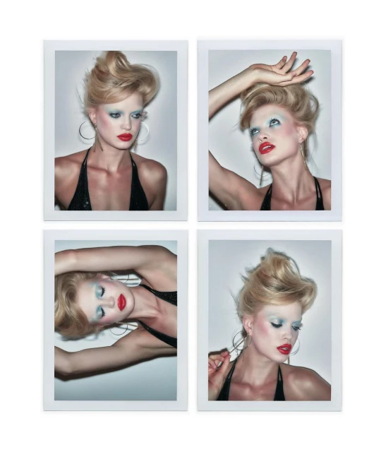 Four framed polaroid-style portraits of a fair-skinned adult female model with blonde hair and heavy blue and red 1980s-inspired makeup.
