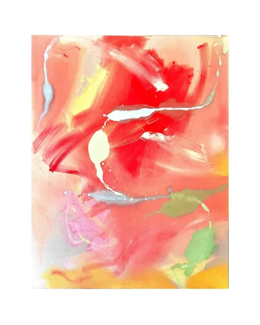 Abstract painting with broad brushstrokes in shades of red, yellow, green, pink, and white creates a dynamic and textured surface.