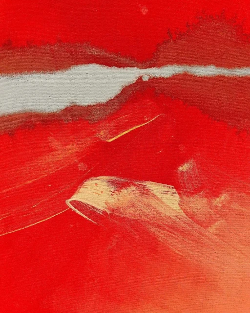 Abstract painting featuring dynamic brushstrokes of various shades of red, white, and gold creating a textured and layered effect.