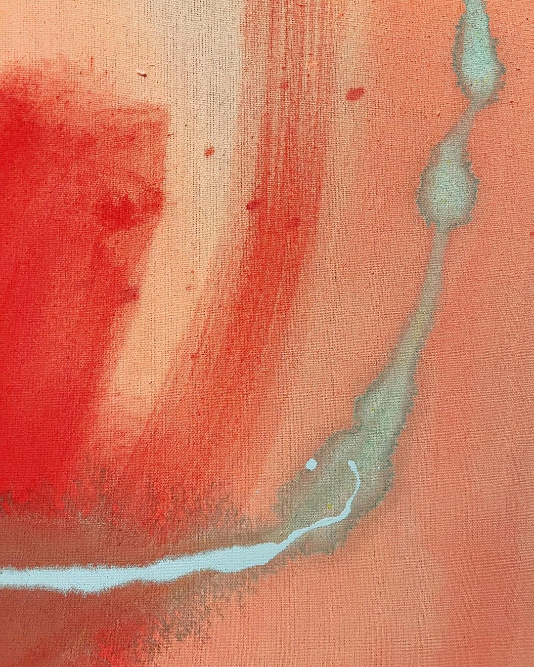 Abstract painting with textured canvas featuring bold red and lighter orange colors, and contrasting fluid teal lines and drips.