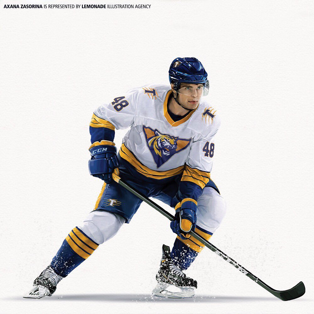 Hockey player in uniform on ice skates and holding a hockey stick against a white background, ready to play the game.