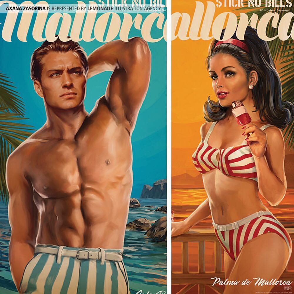 Illustration featuring a shirtless man and a woman in a striped bikini, both in a vintage style reminiscent of Mallorca posters.