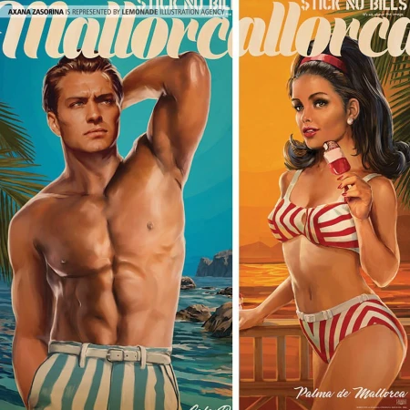 Illustration featuring a shirtless man and a woman in a striped bikini, both in a vintage style reminiscent of Mallorca posters.