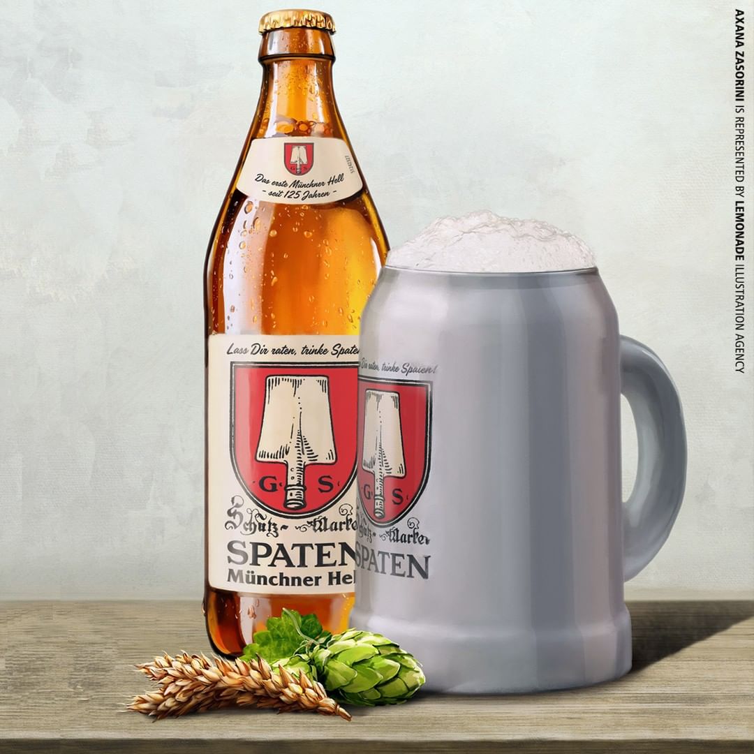 Illustration of a beer bottle and mug with hops and wheat on a wooden table against a blurred background, showcasing a beverage still life.