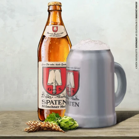 Illustration of a beer bottle and mug with hops and wheat on a wooden table against a blurred background, showcasing a beverage still life.