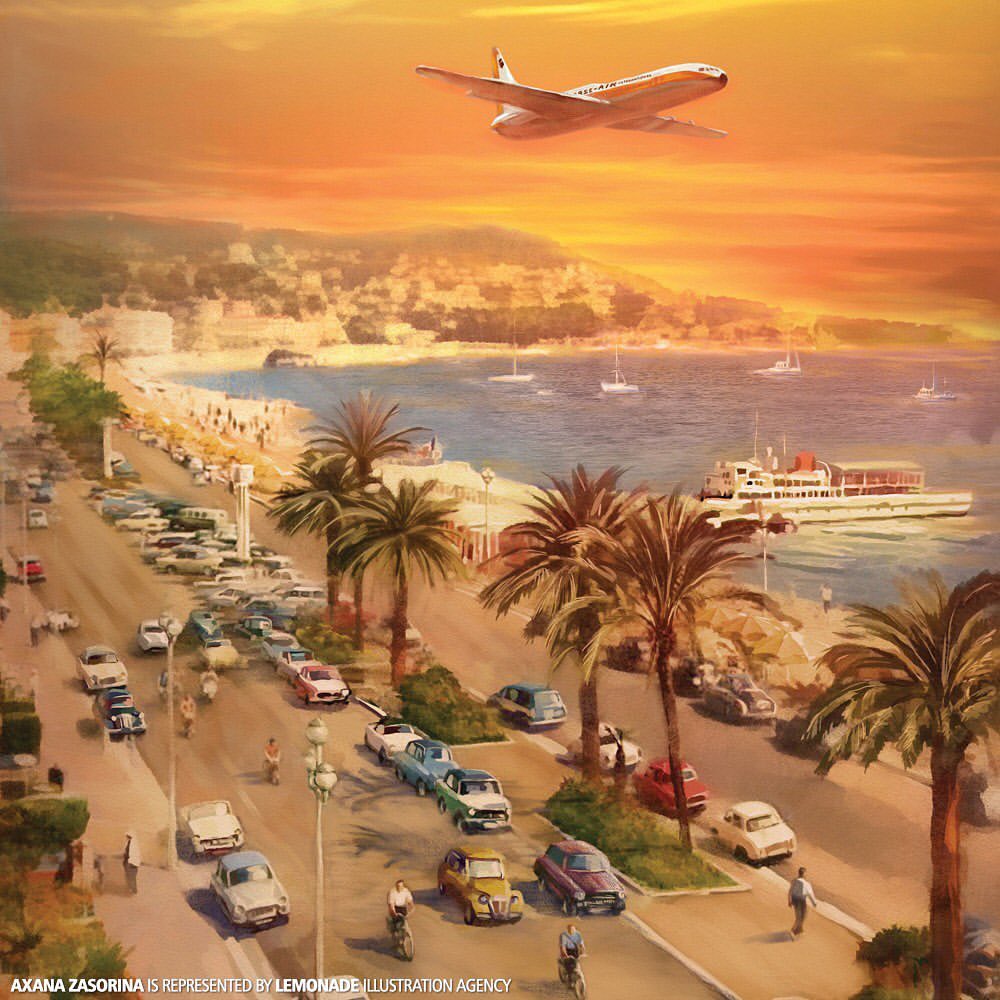 Illustration of a vintage airplane flying over a coastal city with classic cars, palm trees, and a calm ocean during a sunset.