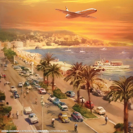 Illustration of a vintage airplane flying over a coastal city with classic cars, palm trees, and a calm ocean during a sunset.