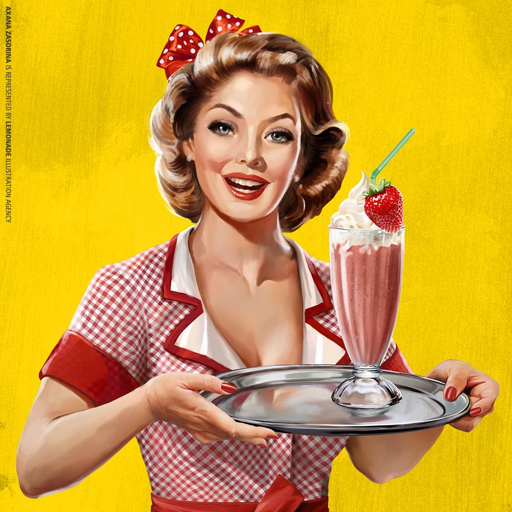 Illustration of a smiling retro-style woman holding a strawberry milkshake on a silver platter against a yellow background.