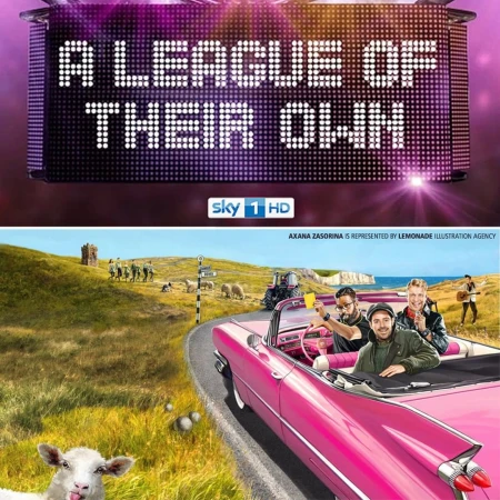 Promotional poster for 'A League of Their Own' features a cartoon landscape with a pink convertible and group of men in it.