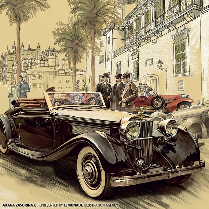 Illustration of a classic black convertible car parked on a city street with palm trees and buildings under a light beige sky.