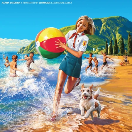 Illustration of a young person in uniform running on a beach with a dog, holding a beach ball, with children playing in the background.