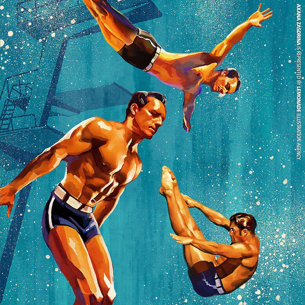 Illustration of three athletic adult males diving from a high dive into blue water. Retro style art with an illustration technique.