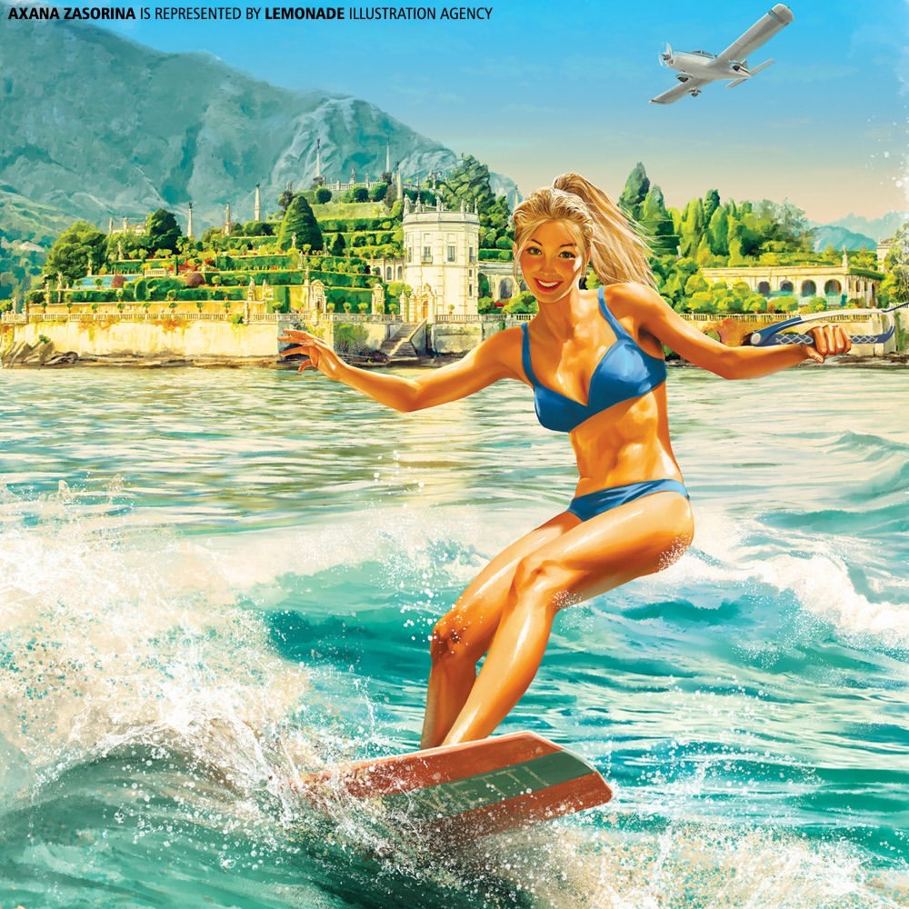 Illustration of a blonde woman in a blue bikini water skiing on a lake with mountains, buildings, and a small plane in the background.