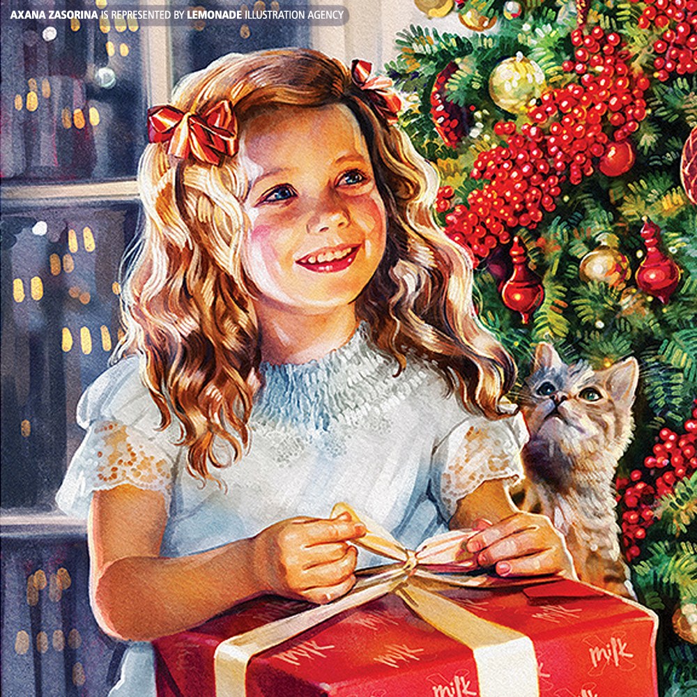 Illustration of a smiling girl with red bows opening a Christmas gift near a Christmas tree and cat, illustration-style artwork.