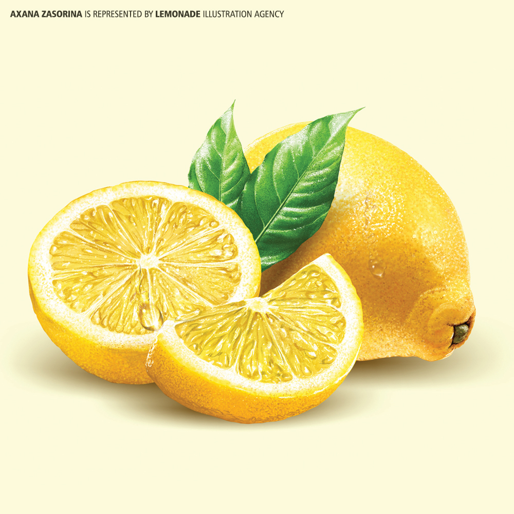 Illustration of lemons and leaves on a light yellow background. Close-up shot. Food illustration. Lemonade Illustration Agency.