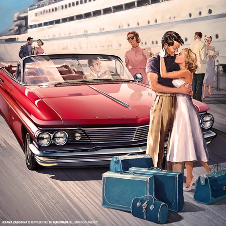 Illustration of a 1960s couple embracing near a red convertible, with luggage and a cruise ship in the background, rendered in a retro style.