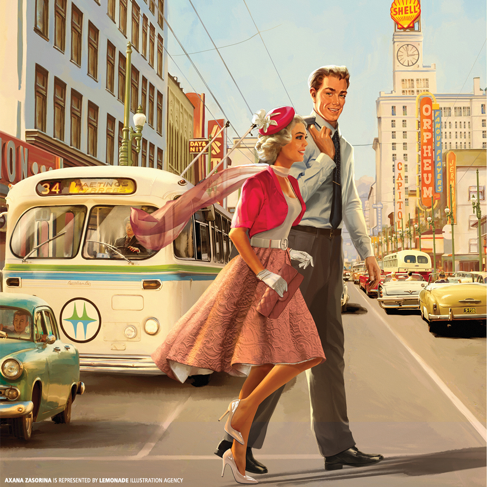 Illustration of a stylish couple crossing a city street near a vintage bus and cars with bright buildings in the background.