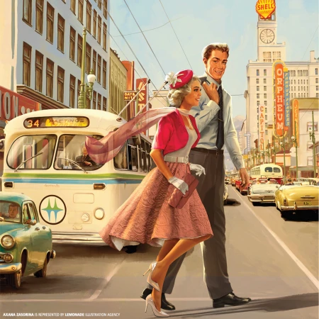 Illustration of a stylish couple crossing a city street near a vintage bus and cars with bright buildings in the background.