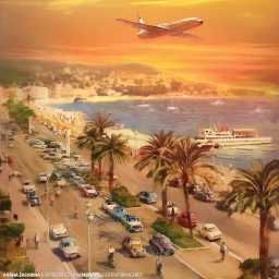 Illustrated coastal scene featuring a retro airplane flying over a palm-lined seaside boulevard filled with vintage cars at sunset.