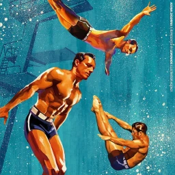 Vintage style illustration by Axana Zasorina of three men diving against a teal background with white speckles and a diving tower