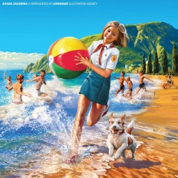 Girl holding a colourful beach ball while running along a sandy shore with a small dog, surrounded by children playing in water