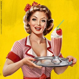 Pin-up style illustration of a smiling woman holding a milkshake on a silver tray against a textured yellow background