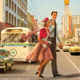 Digital illustration of a man and a woman walking down a bustling 1950s city street next to a bus and classic vintage cars.
