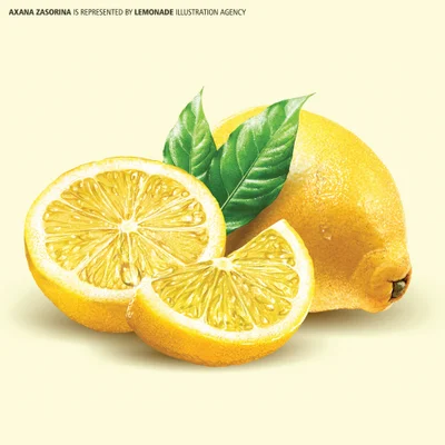 Digital illustration of fresh yellow lemons, including a whole lemon, a halved lemon, a wedge, and green leaves against a pale background
