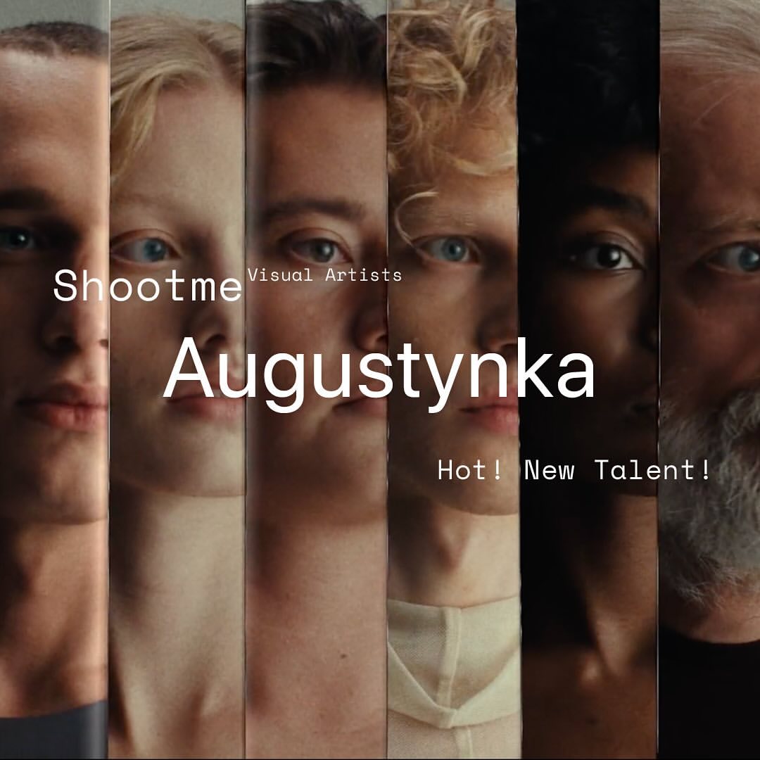 Multi-panel promotional image featuring diverse portrait faces, stylized typography, and text overlay advertising Shootme Visual Artists.