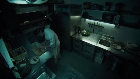 Chef in commercial kitchen prepping food on a stainless steel countertop under dim lighting with various cooking utensils nearby.