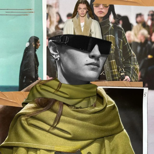 Collage with a woman's head, sunglasses, olive green scarf, and fashion models. A layered aesthetic with bold visual elements.