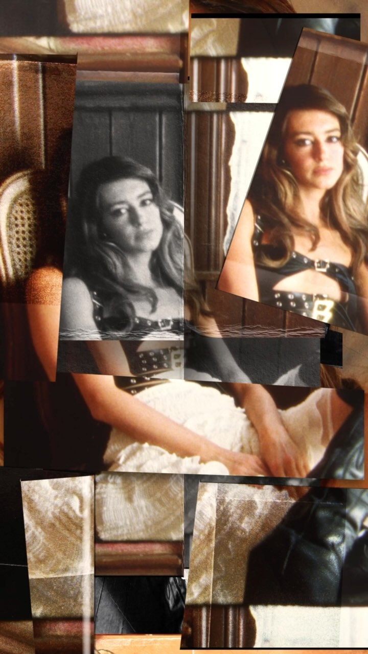 Collage of a young woman in a black and white photo, with her arms at her sides, with a leather top and white bottom.