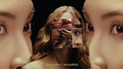 Creative beauty shot of a blonde woman with a face collage surrounded by two blurred Asian women faces on a dark background.