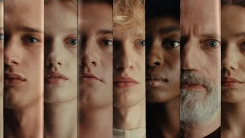 Diverse group of young adult and older adult faces in a vertically-oriented composite. The image features a muted color palette and studio lighting.